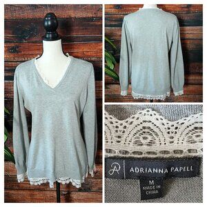 Adrianna Papell Sweater M Lace Trim Feminine V-Neck Gray Viscose